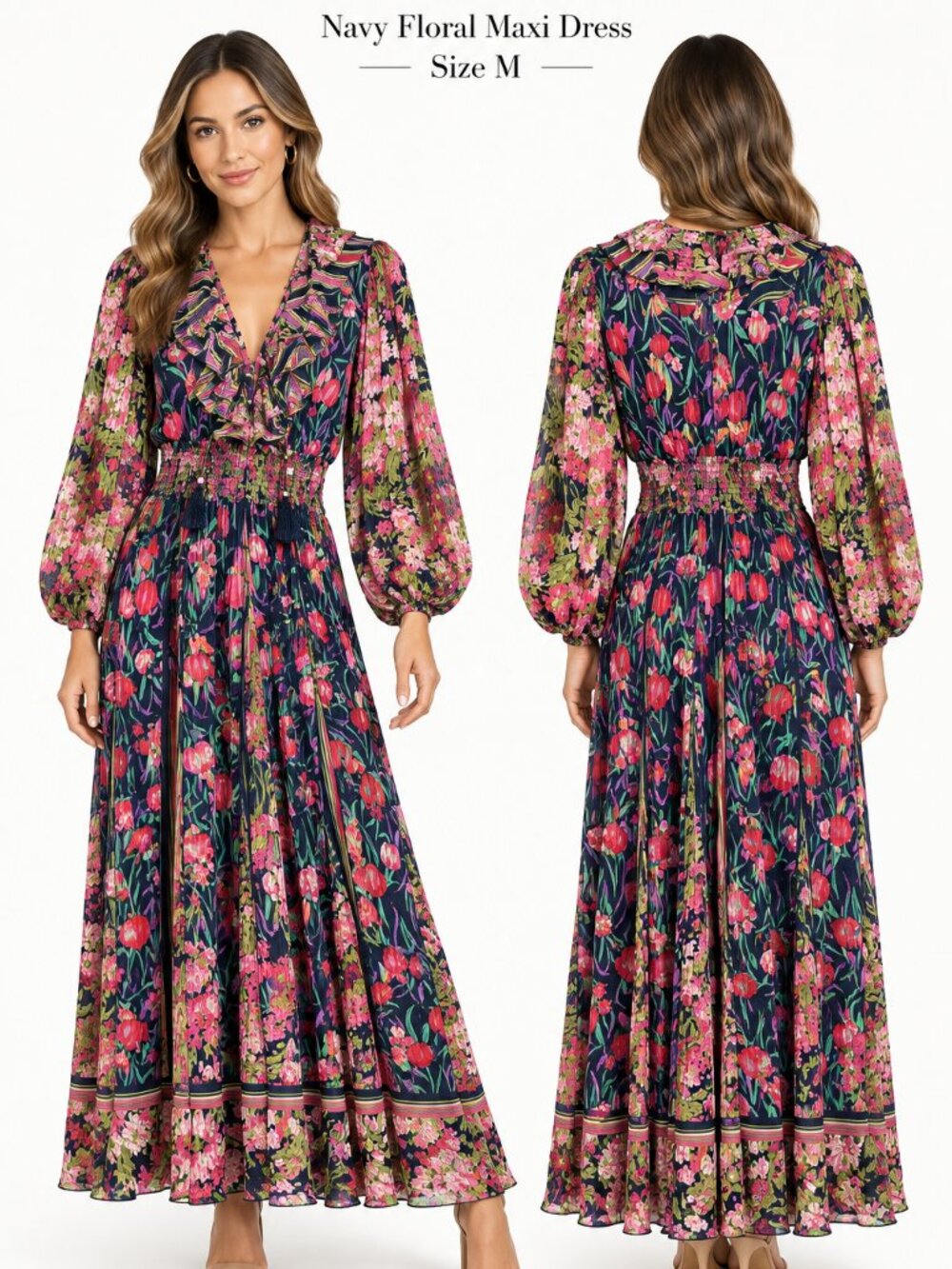 DIANE FREIS NAVY MULTICOLOR FLORAL MAXI DRESS SIZE M